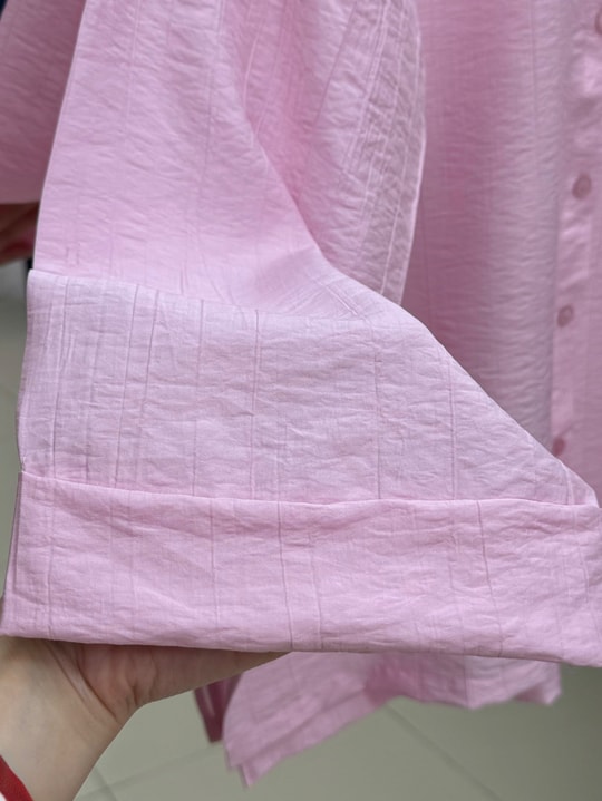 Şeyma Kendinden Desenli Geniş Kol Gömlek-Çİ943 Pembe