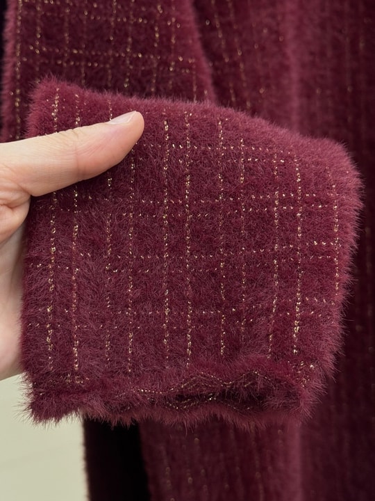 Seyran Saçak Detay Kendinden Desenli Triko Kazak-KR6021 Bordo