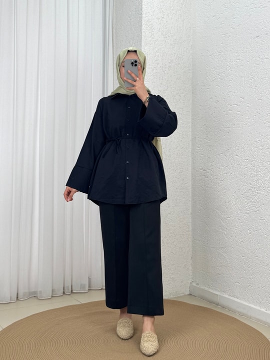 Şimal Kemerli Oversize Geniş Kol Gömlek-Çİ513.5 Siyah
