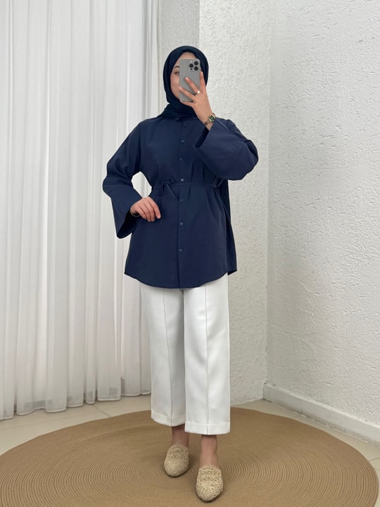 Şimal Kemerli Oversize Geniş Kol Gömlek-Çİ513.5 Lacivert
