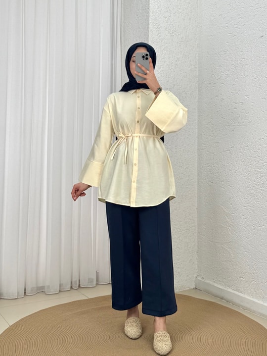 Şimal Kemerli Oversize Geniş Kol Gömlek-Çİ513.5 Sarı