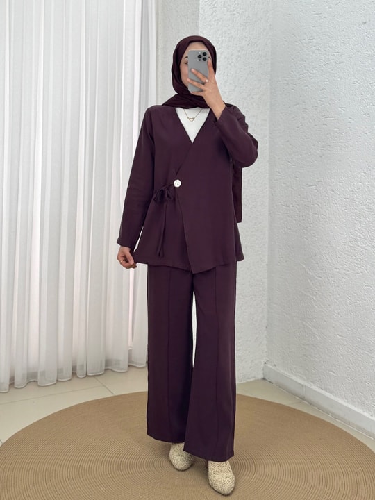 Şimşek Yandan Bağlamalı Gold Düğmeli Pantolonlu Takım-GS2418 Mürdüm