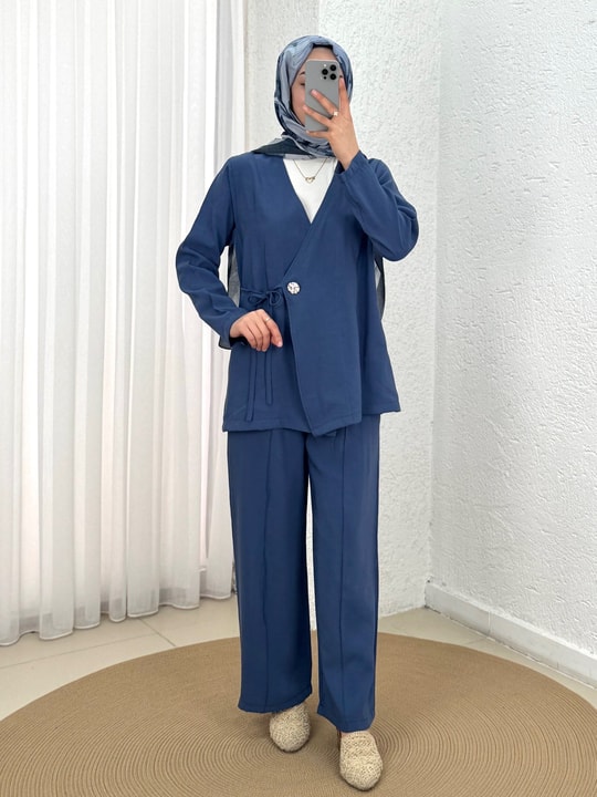 Şimşek Yandan Bağlamalı Gold Düğmeli Pantolonlu Takım-GS2418 İndigo