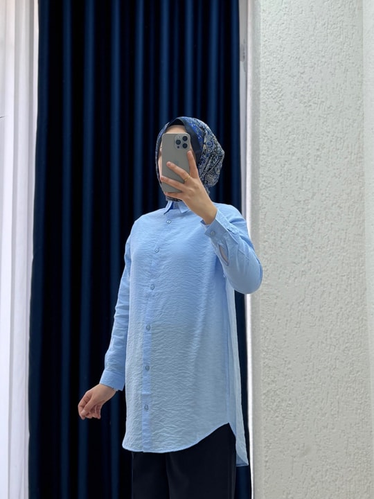 Sorique Önü Kısa Arkası Uzun Düz Çilek Gömlek-Zİ2137 Mavi