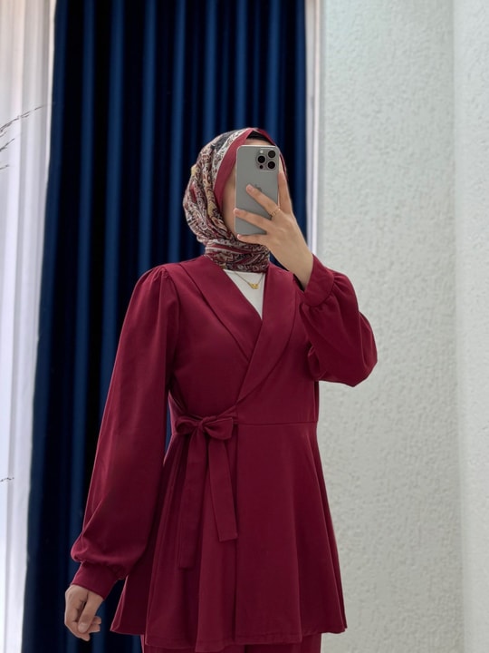 Sormora Kuşak Detaylı Ceketli Pantolonlu Takım-AS471 Bordo