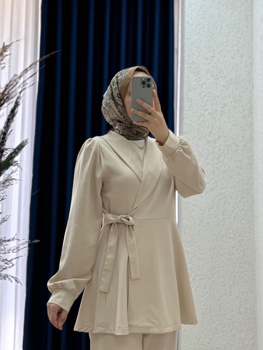 Sormora Kuşak Detaylı Ceketli Pantolonlu Takım-AS471 Taş