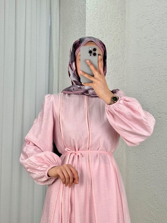 Taliz Dikiş Detaylı Kol Ucu Lastikli Vual Elbise-PA9885 Pembe