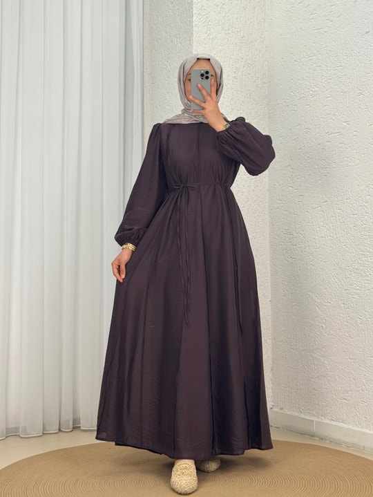 Taliz Dikiş Detaylı Kol Ucu Lastikli Vual Elbise-PA9885 Mürdüm
