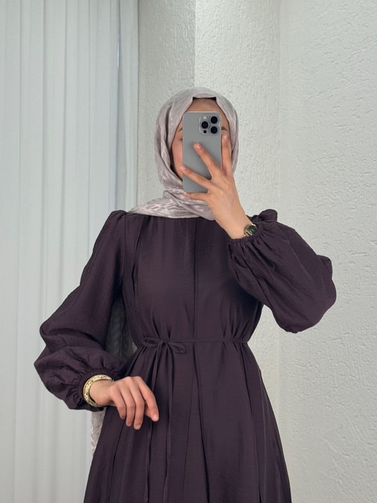 Taliz Dikiş Detaylı Kol Ucu Lastikli Vual Elbise-PA9885 Mürdüm