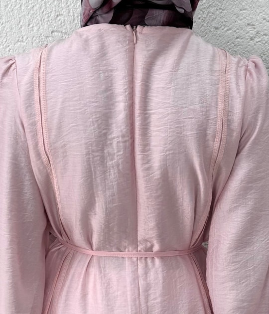 Taliz Dikiş Detaylı Kol Ucu Lastikli Vual Elbise-PA9885 Pembe