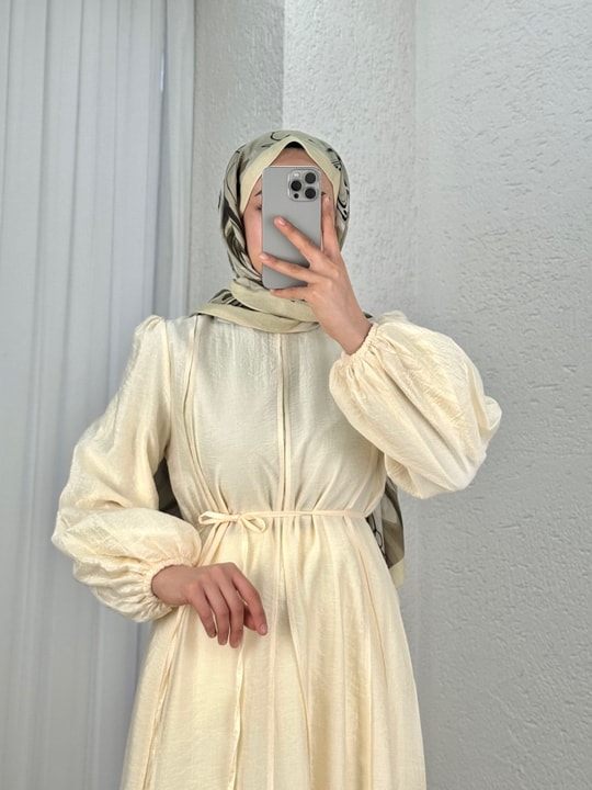 Taliz Dikiş Detaylı Kol Ucu Lastikli Vual Elbise-PA9885 Sarı