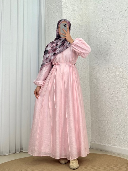 Taliz Dikiş Detaylı Kol Ucu Lastikli Vual Elbise-PA9885 Pembe