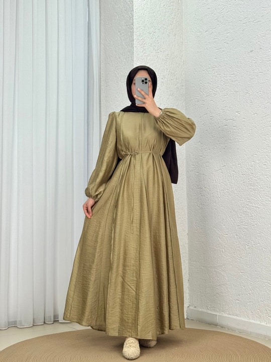 Taliz Dikiş Detaylı Kol Ucu Lastikli Vual Elbise-PA9885 Yağ Yeşili