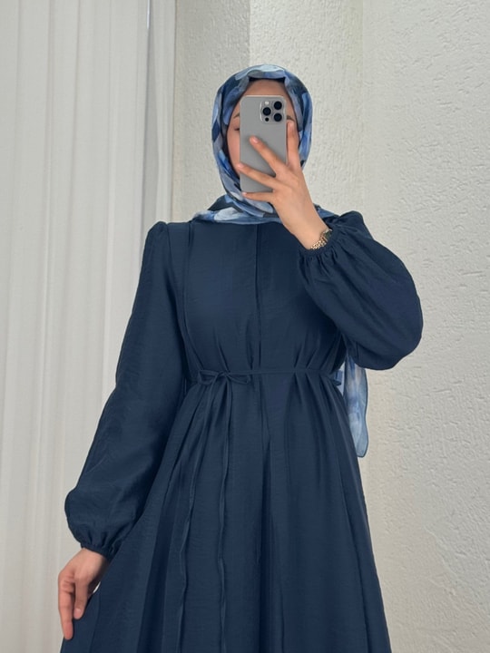 Taliz Dikiş Detaylı Kol Ucu Lastikli Vual Elbise-PA9885 Lacivert