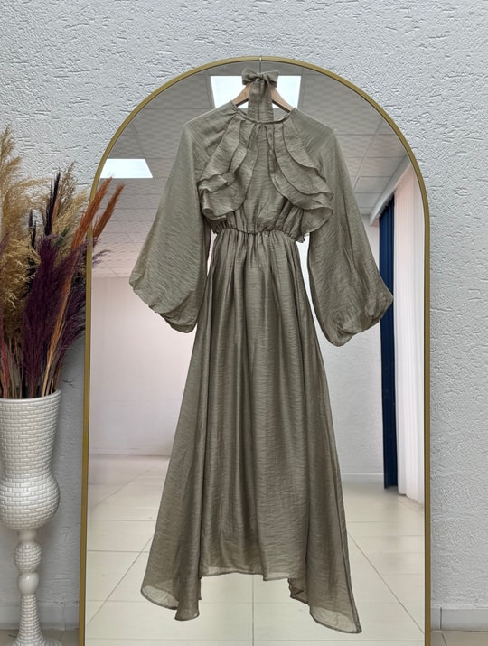Teresa Önü Fırfırlı Balon Kol Vual Elbise-EK639 Mint