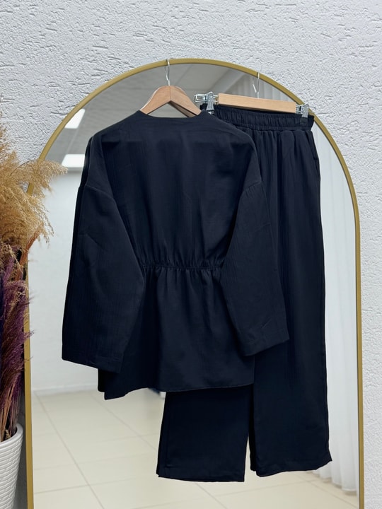 Toprak Tek Düğmeli Beli Büzgülü Pantolonlu Takım-ZŞ7079 Siyah