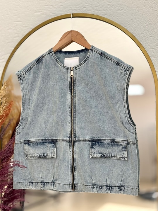 Tülin Fermuarlı Oversize Kot Yelek-XE6073 Mavi