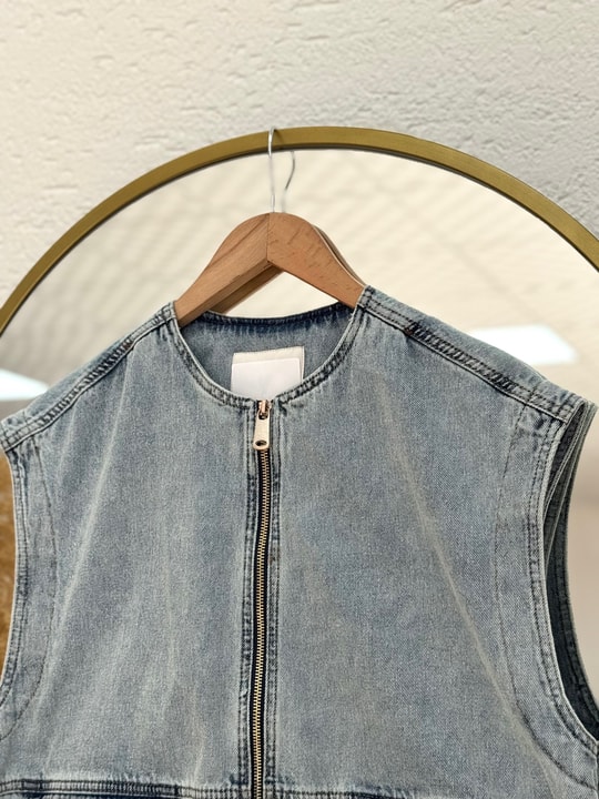 Tülin Fermuarlı Oversize Kot Yelek-XE6073 Mavi
