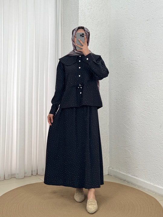Uçurum Bebe Yaka Taşlı Beli Sıkmalı Etekli Takım-MF612 Siyah