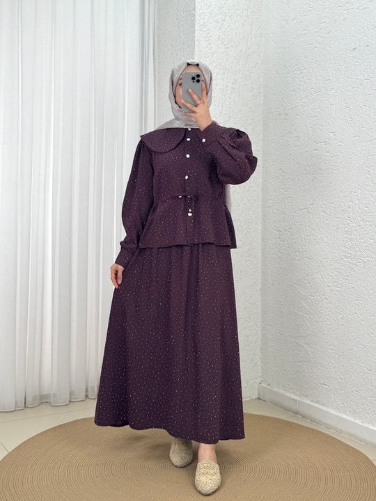 Uçurum Bebe Yaka Taşlı Beli Sıkmalı Etekli Takım-MF612 Mürdüm