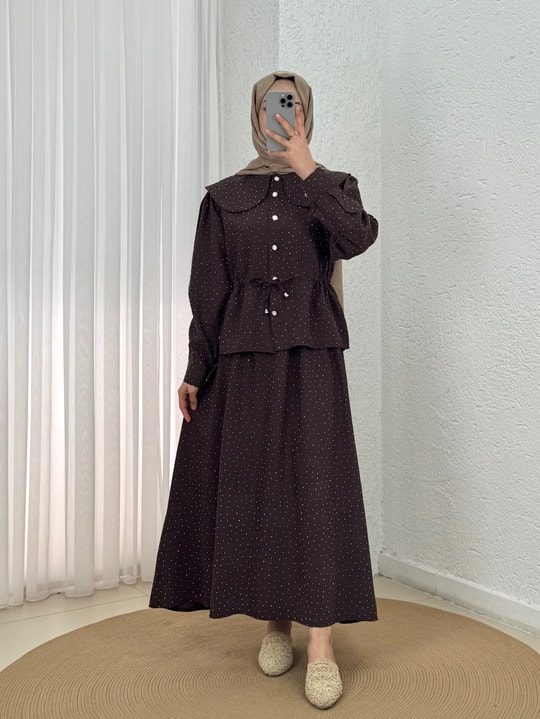 Uçurum Bebe Yaka Taşlı Beli Sıkmalı Etekli Takım-MF612 Kahve