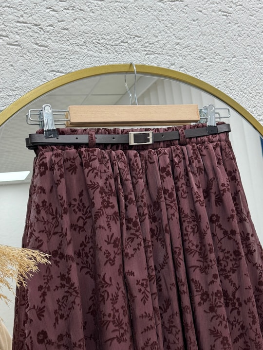 Ülkü Astarlı Kemerli Organize Flok Desen Etek-EK752.1 Kahve