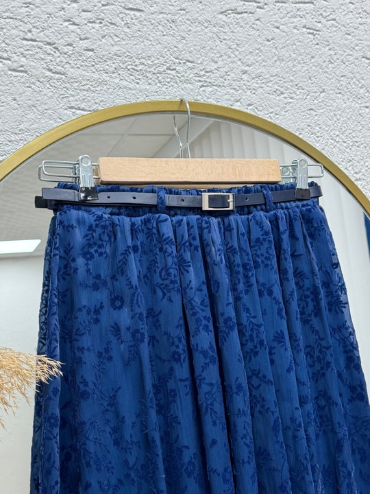 Ülkü Astarlı Kemerli Organize Flok Desen Etek-EK752.1 Lacivert