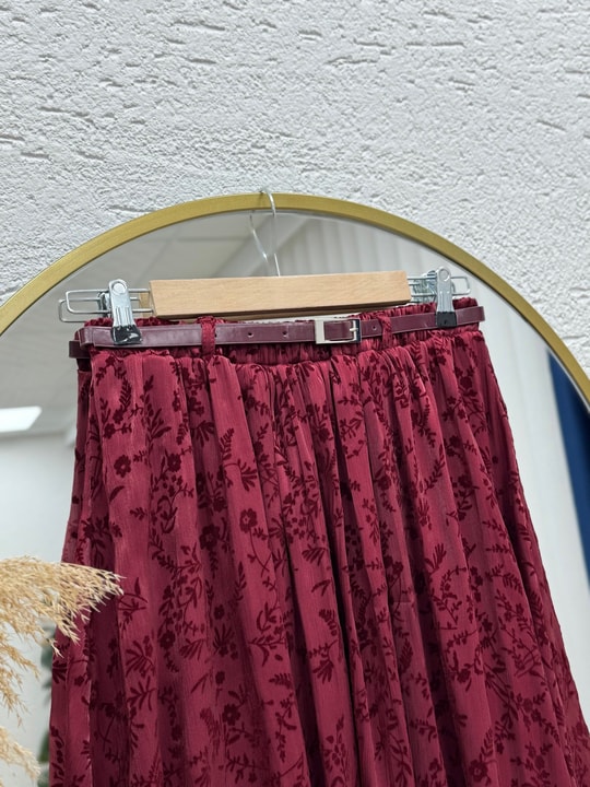 Ülkü Astarlı Kemerli Organize Flok Desen Etek-EK752.1 Bordo