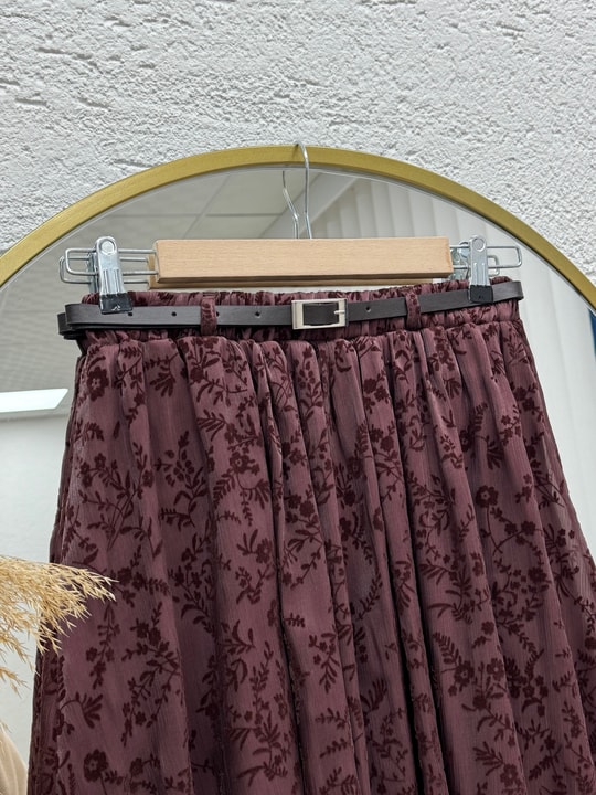 Ülkü Astarlı Kemerli Organize Flok Desen Etek-EK752.1 Kahve