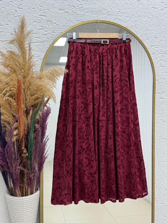 Ülkü Astarlı Kemerli Organize Flok Desen Etek-EK752.1 Bordo