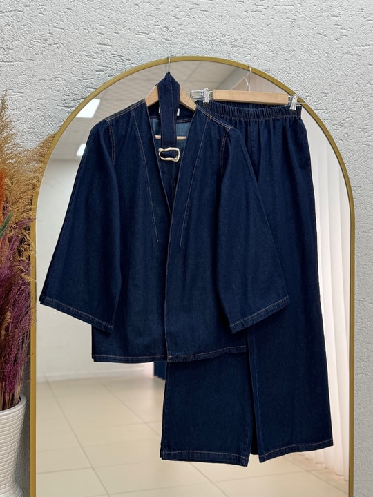 Ünzile Kemeri Gold Tokalı Pantolonlu Kot Takım-ML2115 Kot Rengi