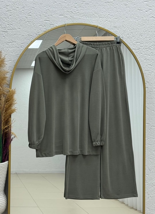 Vedia Kapşonlu Fermuarlı Pike Pantolonlu Takım-NL1118 Mint