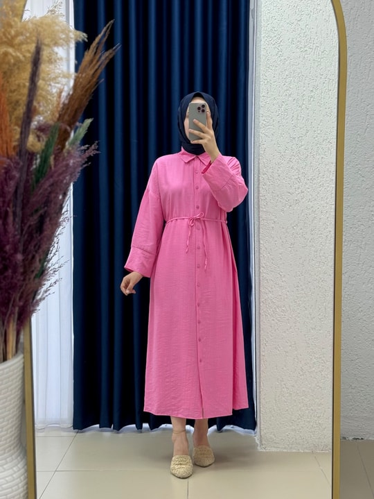 Velenya Takma Manşet Çilek Elbise-TN013 Pembe