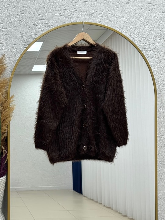 Vesile Sakallı V Yaka Yumoş Hırka-KR5043 Kahve