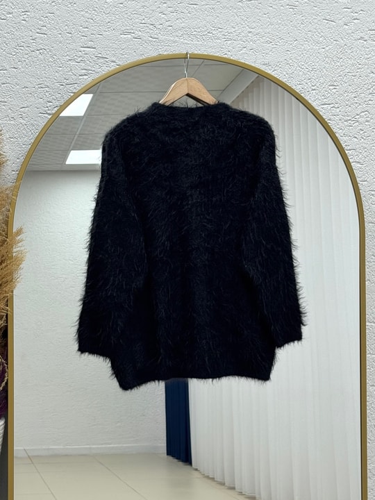 Vesile Sakallı V Yaka Yumoş Hırka-KR5043 Siyah