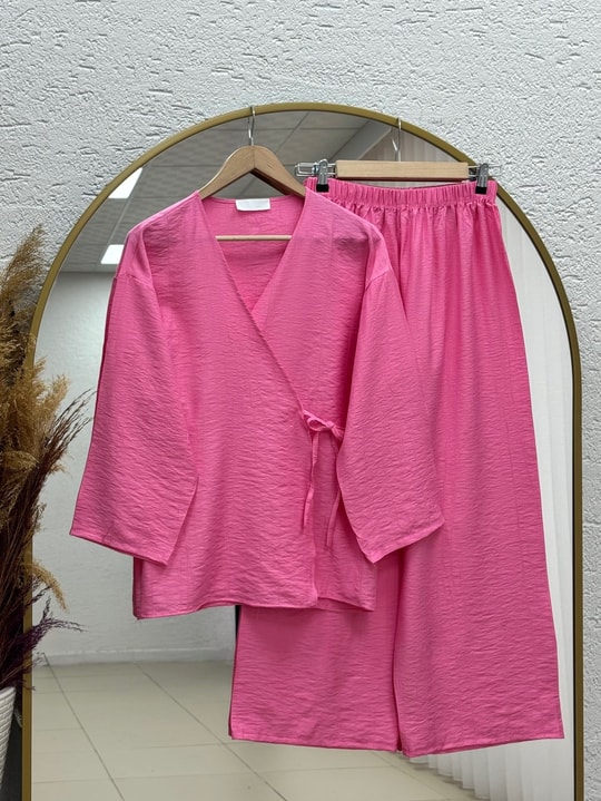 Vinmora Yandan Bağlamalı Kimonolu Çilek Pantolonlu TakımAS478-EK544 Pembe