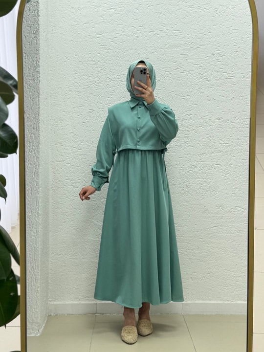 Vinoria Beli Lastikli Yeleği Düğmeli Dabıl Elbise-KN9899 Mint