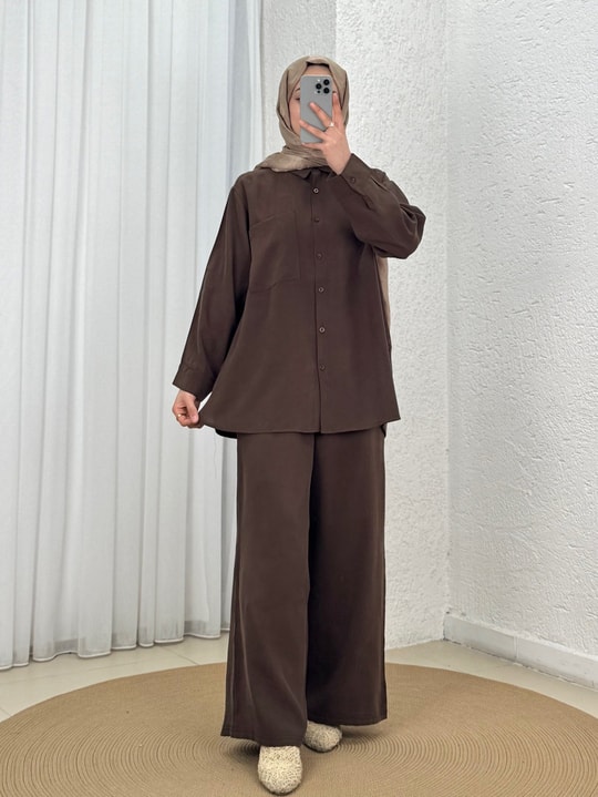 Yamaç Tek Cepli Oversize Pantolonlu Takım-Zİ2232 Kahve
