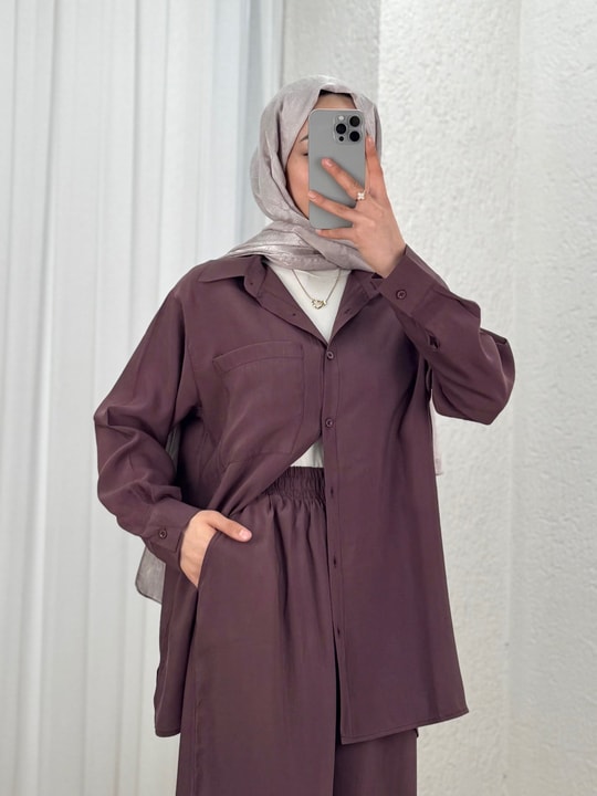 Yamaç Tek Cepli Oversize Pantolonlu Takım-Zİ2232 Mürdüm