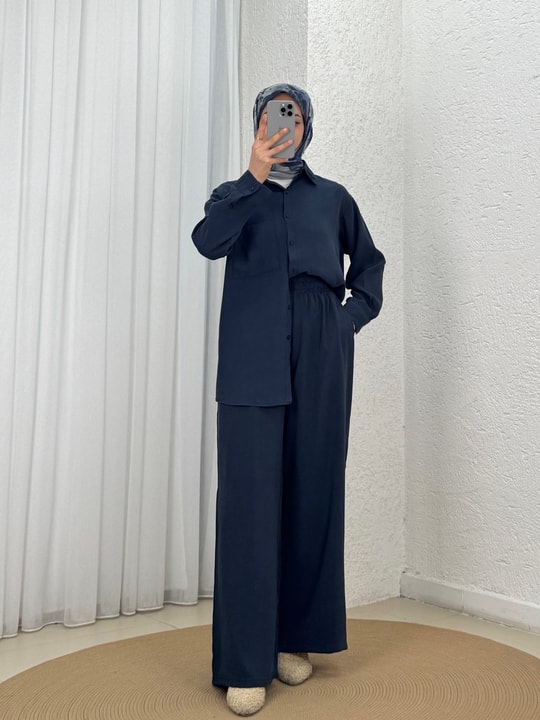 Yamaç Tek Cepli Oversize Pantolonlu Takım-Zİ2232 Lacivert