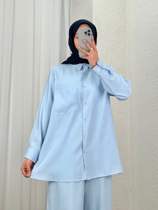 Yamaç Tek Cepli Oversize Pantolonlu Takım-Zİ2232 Bebe Mavisi