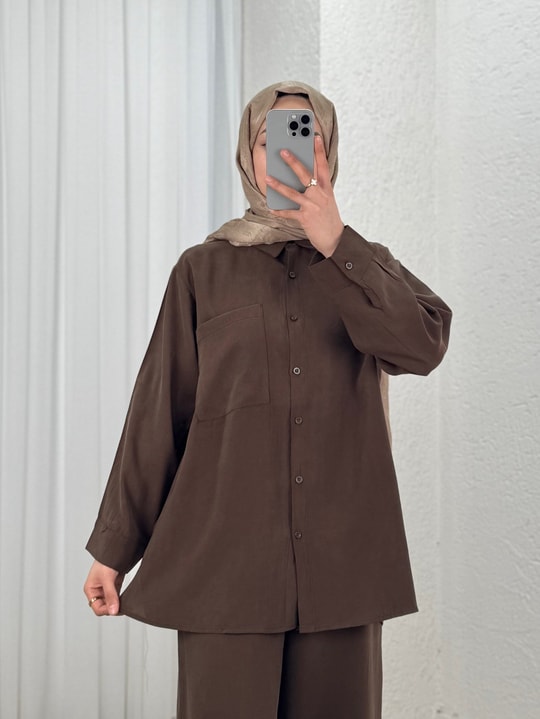 Yamaç Tek Cepli Oversize Pantolonlu Takım-Zİ2232 Kahve