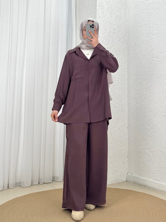 Yamaç Tek Cepli Oversize Pantolonlu Takım-Zİ2232 Mürdüm