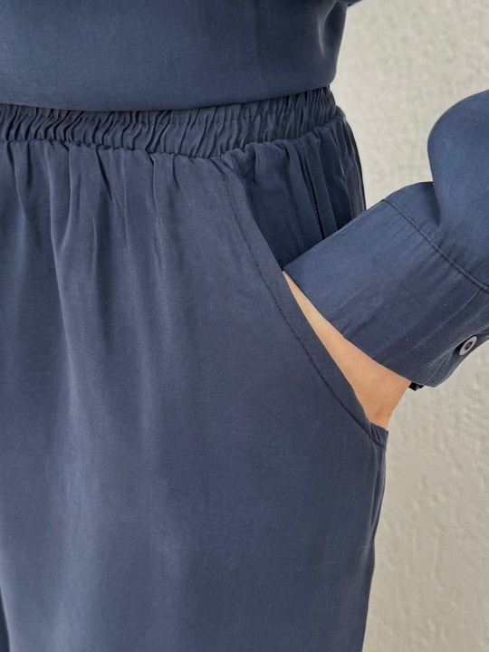 Yamaç Tek Cepli Oversize Pantolonlu Takım-Zİ2232 Lacivert