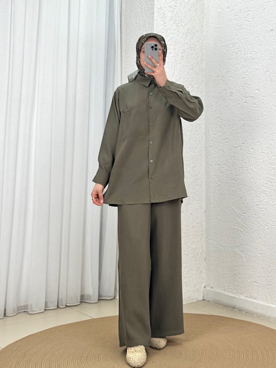 Yamaç Tek Cepli Oversize Pantolonlu Takım-Zİ2232 Haki
