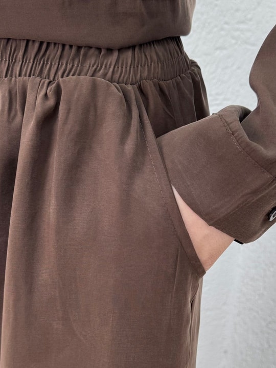 Yamaç Tek Cepli Oversize Pantolonlu Takım-Zİ2232 Kahve