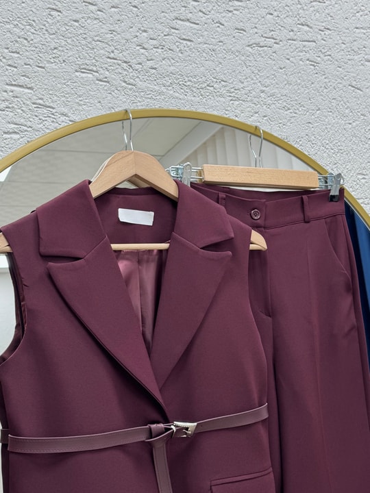 Yazgı Tek Düğmeli Yelekli Pantolonlu Takım-HK0053 Mürdüm
