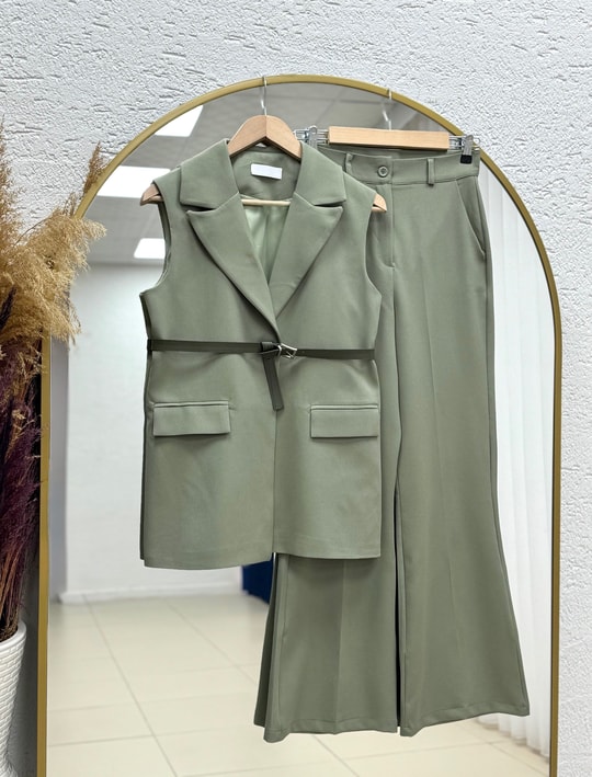 Yazgı Tek Düğmeli Yelekli Pantolonlu Takım-HK0053 Haki