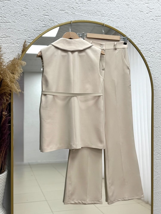 Yazgı Tek Düğmeli Yelekli Pantolonlu Takım-HK0053 Taş