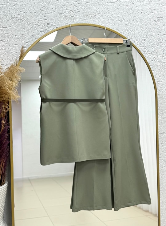Yazgı Tek Düğmeli Yelekli Pantolonlu Takım-HK0053 Haki